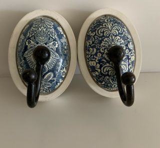 Set Of 2 Vintage Coat Hooks Blue And White Prints Home Decorative Wall Hangers
