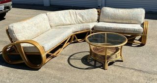 Mid Century Rattan Bamboo Sofa,  Table Paul Frankl Pretzel Patio Furniture 13 