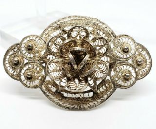 Elegant Vintage Signed Mexico Sterling Silver Layered Floral Filigree Brooch Pin