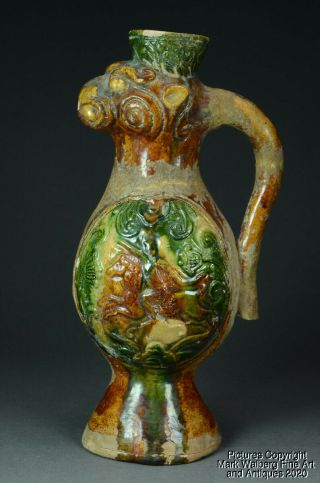 Chinese Sancai Glazed Pottery Phoenix Head Ewer,  Tang Dynasty Period