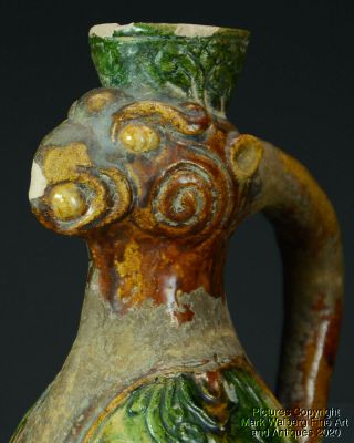 Chinese Sancai Glazed Pottery Phoenix Head Ewer,  Tang Dynasty Period 3