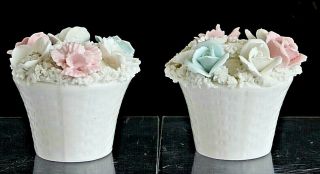 Set Of 2 Vintage Porcelain Flower Basket Candle Holders With Porcelain Flowers S