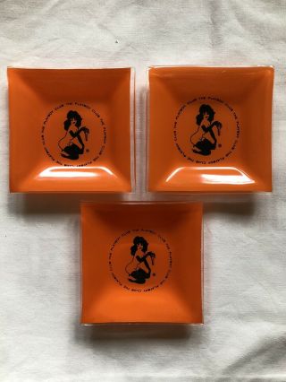 Set Of 3 Vintage Playboy Club Orange Glass Ashtrays