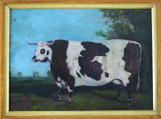 Naive Antique Early 20th Century Long Horned Cow Oil Painting