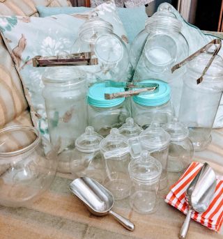 Plastic & Glass Vintage Sweet Jars With Tongs,  Sweet Bags And Scoops