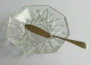 Antique/vintage Cut Glass Butter Dish With Silver Butter Knife,  Birmingham 1924.