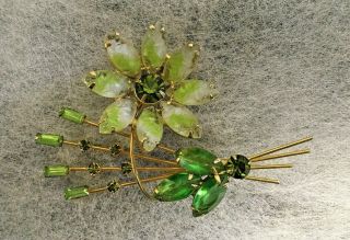 Vintage Green Navette Rhinestone Flower & Bumble Bee Brooch Pin Gold Tone