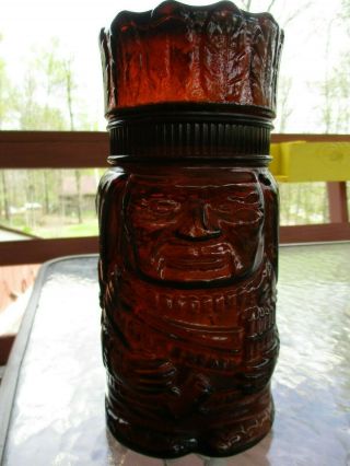 Vintage Brown Glass Indian Chief Jar Cigar Tobacco Holder Humidor