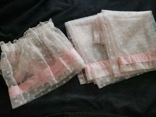 3 Pc Vtg Pink Sheer Flocked Swiss Dot Fabric 2 Cafe Curtain Panels & 1 Valance