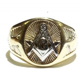 10k Yellow Gold Mens Mason Masonic Ring 9.  6g Gents Vintage Estate Antique