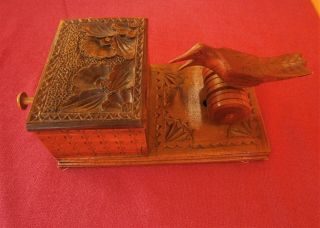 Vintage Wooden Brown Cigarette Box Holder With Mechanical Bird Engraved