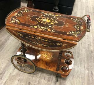 Vintage Floral Marquetry Inlay Drop Leaf Trolly Bar Cart Made In Italy Antique