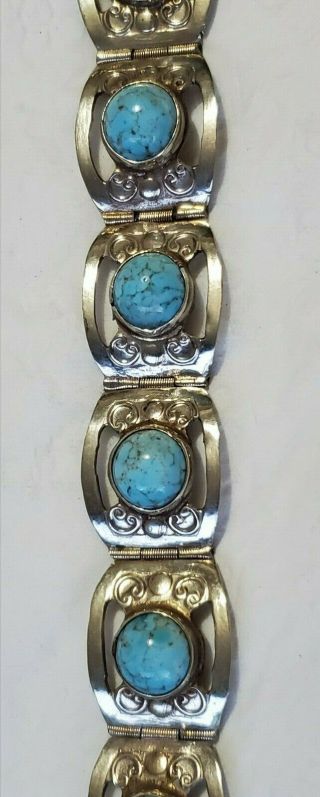 Vintage Mexican Alpaca Silver 7 Panel Bracelet W/turquoise 7 - 1/4 "
