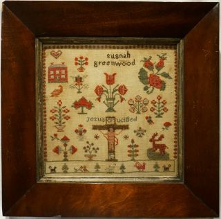 Small Mid 19th Century Red House & Motif Sampler By Susanah Greenwood - C.  1845