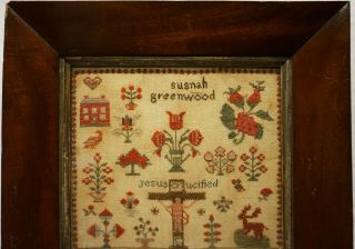 SMALL MID 19TH CENTURY RED HOUSE & MOTIF SAMPLER BY SUSANAH GREENWOOD - c.  1845 2