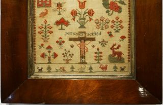 SMALL MID 19TH CENTURY RED HOUSE & MOTIF SAMPLER BY SUSANAH GREENWOOD - c.  1845 3