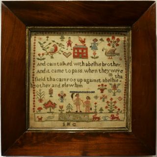 Small Mid 19th Century Red House And Cain & Abel Sampler Initialled Shg - C.  1845