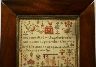 SMALL MID 19TH CENTURY RED HOUSE AND CAIN & ABEL SAMPLER INITIALLED SHG - c.  1845 2