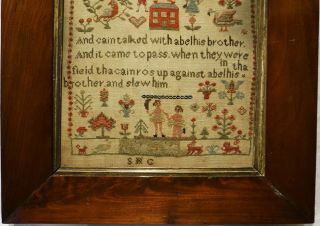 SMALL MID 19TH CENTURY RED HOUSE AND CAIN & ABEL SAMPLER INITIALLED SHG - c.  1845 3