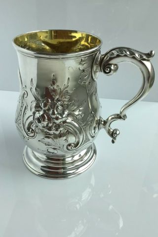 Fabulous Embossed Sterling Silver Gilt Pint Mug London 1875 Beer Tankard