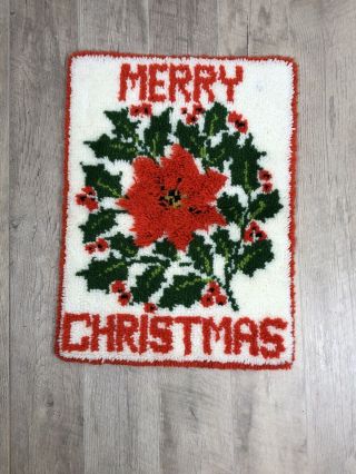 Vintage Christmas Pointsetta Holly Latchhook Wall Hanging Rug Merry Christmas