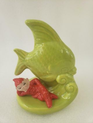 Vintage Red Elf/pixie - Green Fish Planter Vase - Gilner