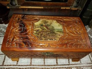Vintage Ornate Carved Cedar Wood Jewelry Footed Trinket Box Farm Print On Lid
