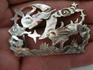 Vintage Chinese Carved Mother Of Pearl Mop Rabbits Moon And Stars Pin C Clasp 2 "