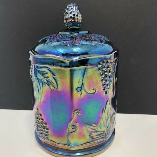 Vintage Carnival Glass Iridescent Blue Green Harvest Grape Candy Jar With Lid