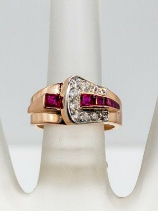 Antique Retro 1.  50ct Natural Ruby Vs H Diamond 14k Rose Gold Belt Buckle Ring