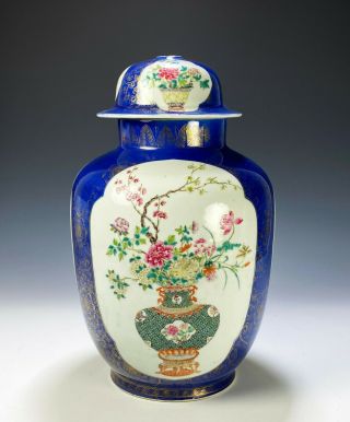 Antique Chinese Powder Blue Glazed Covered Jar With Famille Rose Panels