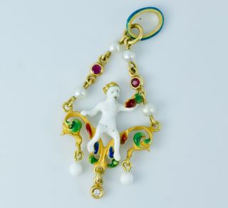Antique 18k Yellow Gold Enamel Boy On A Swing Pearl,  Ruby And Diamond Pendant