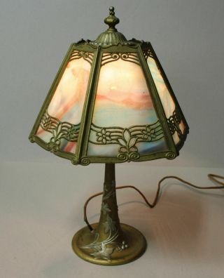 Antique Hexagonal Slag Glass Shade Table Lamp – 12″ Diameter Shade