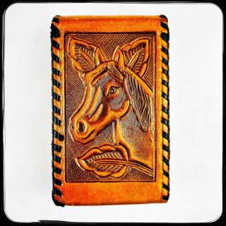 Vintage Tooled Brown Leather Cigarette Case Made In Mexico Western Horses Cowboy