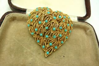 Vintage Jewellery Gold Tone Heart Shaped Turquoise Brooch Pin Lovely