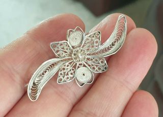 Edwardian Vintage Czech Jewellery Crafted Filigree Solid Silver Brooch Shawl Pin