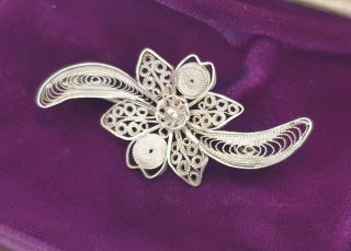 EDWARDIAN VINTAGE CZECH JEWELLERY CRAFTED FILIGREE SOLID SILVER BROOCH SHAWL PIN 2