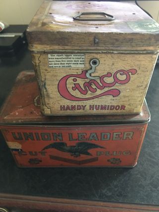Vintage Union Leader Cut Plug Tobacco Tin & Cinco Handy Humidor Cigar Tin Set