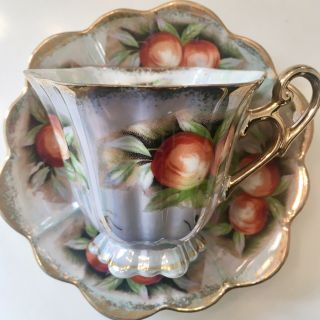 Shiny Lusterware Scallop Shape Vintage Royal Shafford Peach Tea Cup Saucer Set