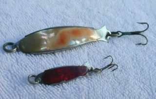 Vintage Pair Abalone Mother Of Pearl Wobble Minnow Spoon Fishing Lures 1 " &2 - 1/2 "