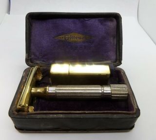 Vintage Gillette Gold Aristocrat Safety Razor,  Case,  & Blade Holder