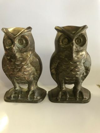 2 Vintage Brass Owl Bookends 6” Tall
