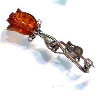 Vintage Art Nouveau Style 925 Sterling Silver Amber Rose Flower Brooch Pin,