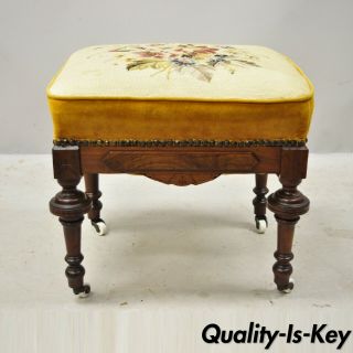 Eastlake Victorian Carved Walnut Ottoman Footstool Bench With Needlepoint Seat