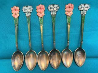 David Andersen Art Nouveau Sterling Silver Guilloche Floral Enamel Spoons