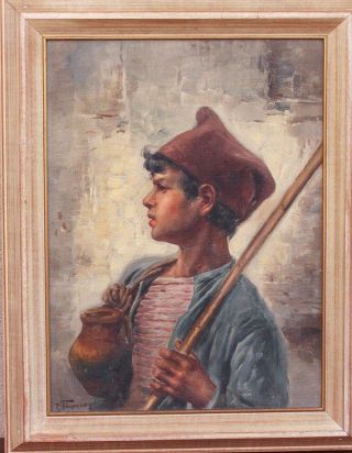 Raffaele Frigerio Antique Italian Oil Portrait Painting Of A Boy