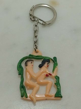Vintage Celuloid,  Plastic Key Chain Fob X - Rated Man & Woman Nude - Moving Risky