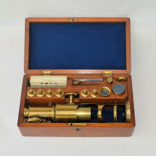 Large Drum Microscope In Case With Accessories.