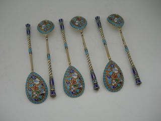 A Set Of 6 Solid Silver " Enamel " Russian Spoons 1898