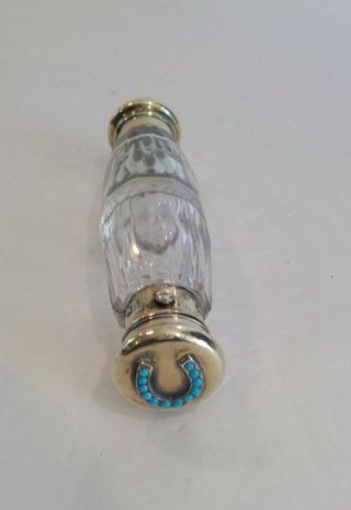 19th C.  Double Ended Scent Bottle,  Brass Ends,  Turquoise Horseshoe